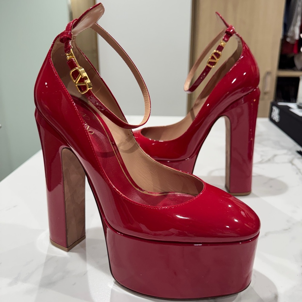 Valentino Garavani Red Patent Platform Mary Jane Pumps with Ankle Strap